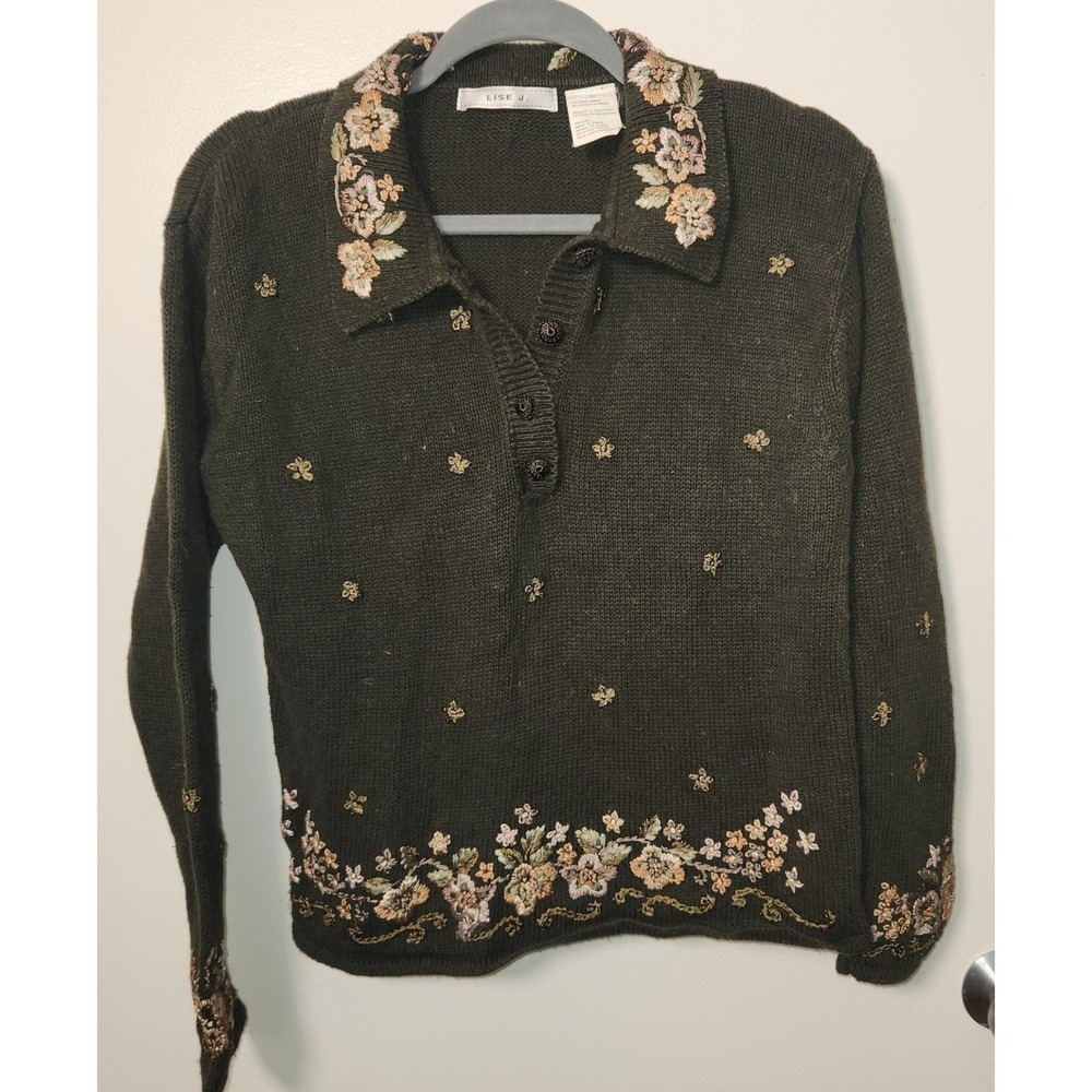 Vintage Lise J Women's M/L Olive Green Embroidered Henley Sweater‎ Cottagecore